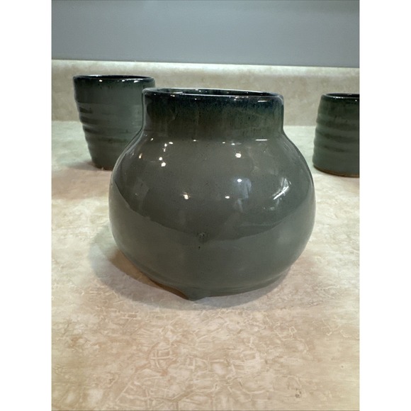 Set Of 3 Drip Green & Blue Multi Color Glaze Art Studio Pottery Vases. Signed - Picture 4 of 9